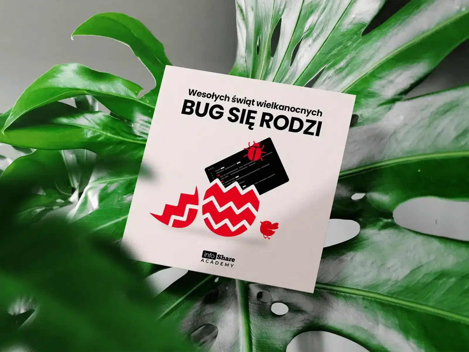 Grafika wielkanocna dla infoShare Academy z hasłem „Bug się rodzi”, motywem pisanki, błędu programistycznego i zielonych liści