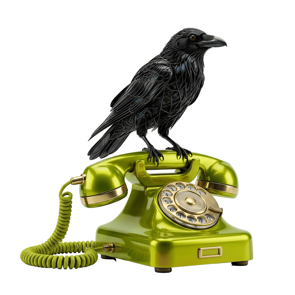 Kruk siedzący na zielonym telefonie jako kreatywna grafika do sekcji kontaktu z grafikiem komputerowym.