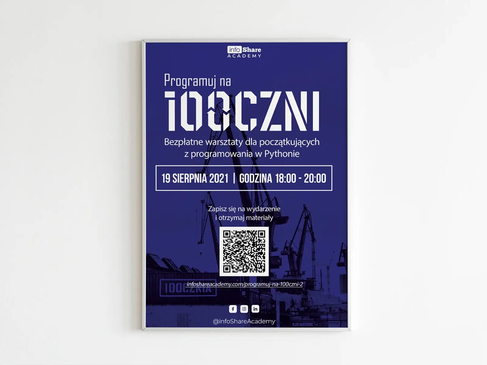 Plakat promocyjny infoShare Academy „Programuj na 100czni” reklamujący bezpłatne warsztaty z programowania w Pythonie w Gdańsku