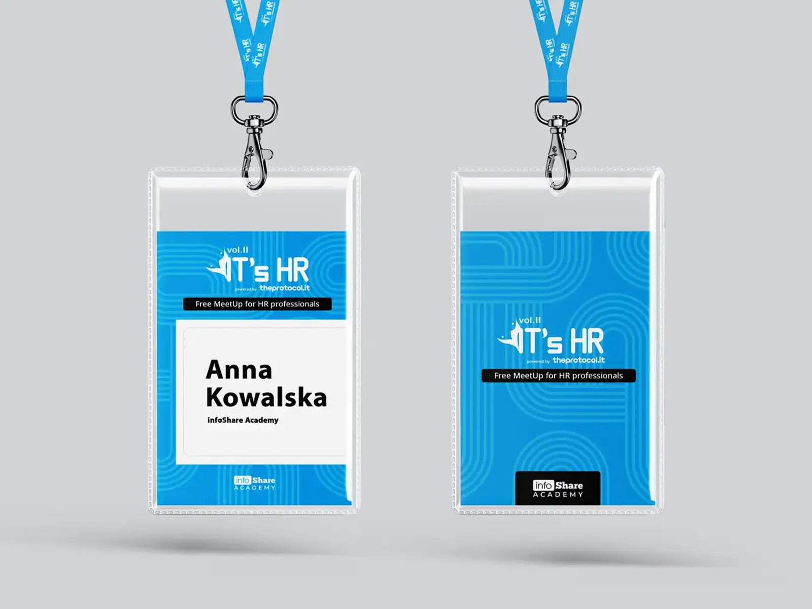 Projekt identyfikatora konferencyjnego It’s HR dla infoShare Academy i theprotocol.it, przygotowany na meetup dla specjalistów HR w branży IT