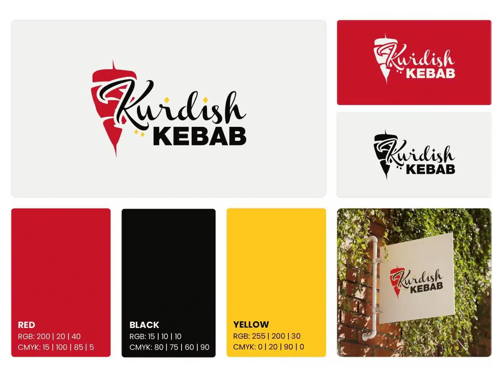 Projekt logo Kurdish Kebab wraz z wariantami znaku, kolorystyką marki i wizualizacją szyldu dla baru kebab w Dobrym Mieście