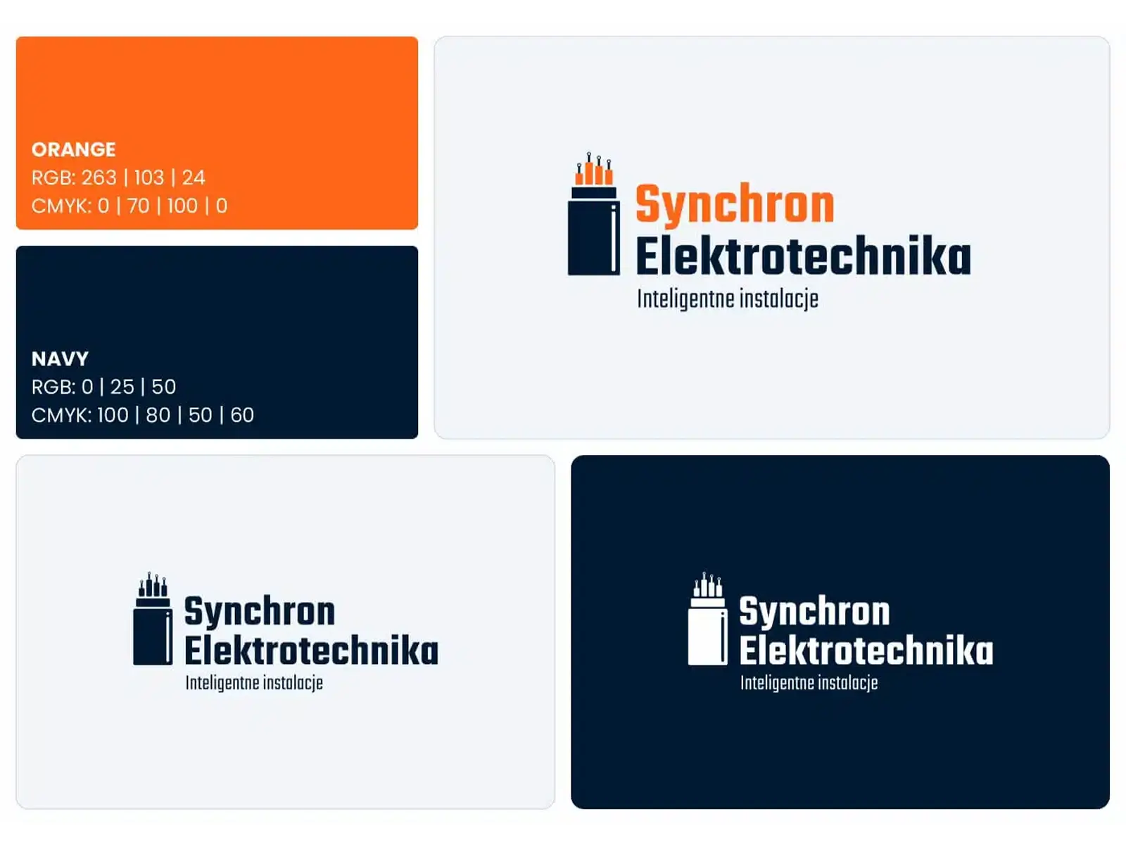 Projekt logo Synchron Elektrotechnika z wariantami znaku, kolorystyką marki oraz hasłem „Inteligentne instalacje” dla firmy elektrotechnicznej