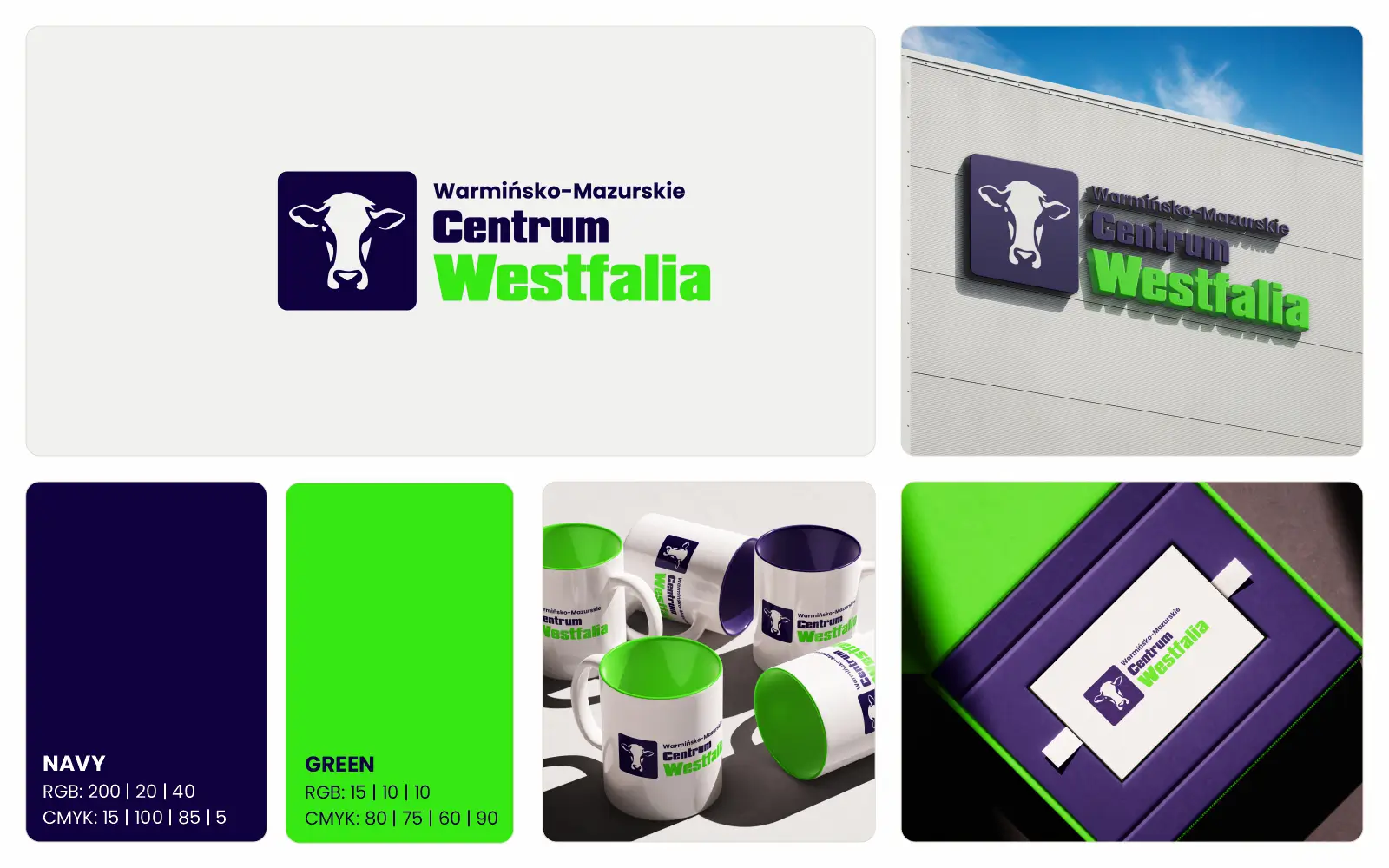 Projekt logo Warmińsko-Mazurskie Centrum Westfalia z symbolem krowy, kolorystyką marki oraz wizualizacjami na szyldzie, kubkach i materiałach firmowych