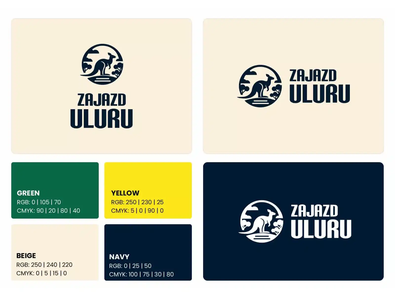 Projekt logo Zajazd Uluru z motywem kangura, wariantami znaku oraz kolorystyką marki dla obiektu w Lidzbarku Warmińskim