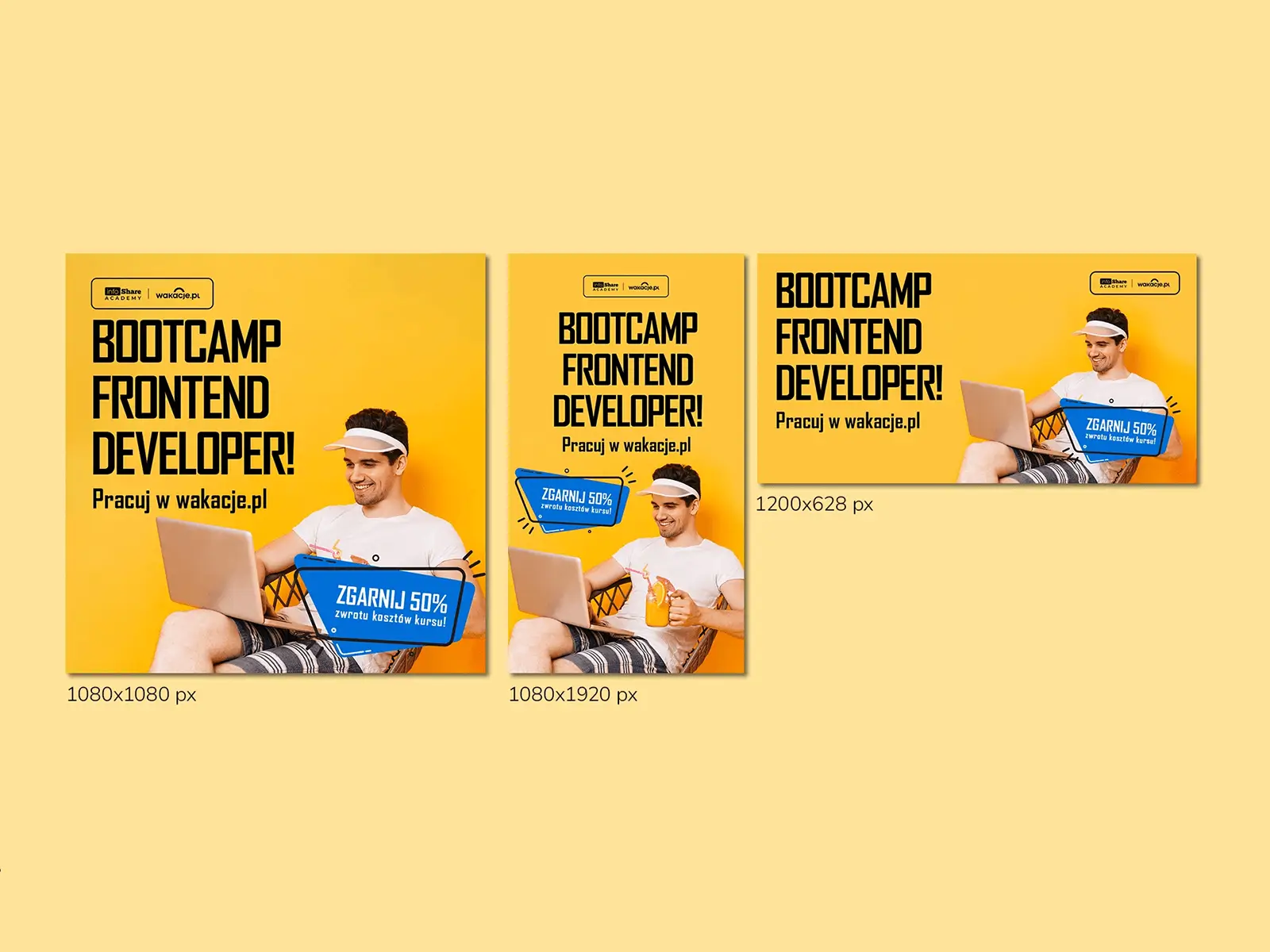 Projekt reklam Google Ads i Meta Ads promujących Bootcamp Frontend Developer infoShare Academy i wakacje.pl, z żółtą kolorystyką i formatami 1080x1080, 1080x1920 oraz 1200x628 px