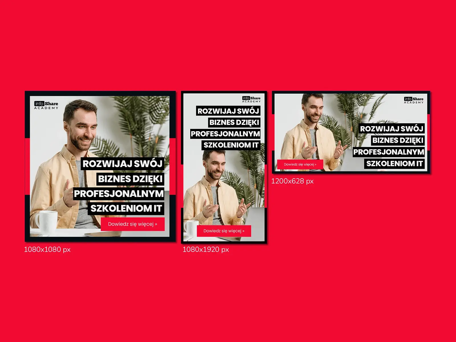 Projekt reklam Google Ads i Meta Ads dla infoShare Academy promujących profesjonalne szkolenia IT dla firm w formatach 1080x1080, 1080x1920 i 1200x628 px
