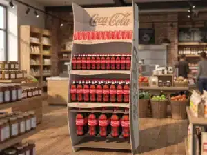 Wizualizacja 3D drewnianego standu ekspozycyjnego Coca-Cola z półkami na puszki i butelki, ustawionego w przestrzeni sklepowej