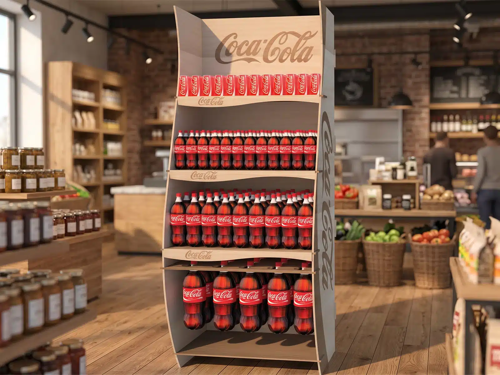Wizualizacja 3D drewnianego standu ekspozycyjnego Coca-Cola z półkami na puszki i butelki, ustawionego w przestrzeni sklepowej