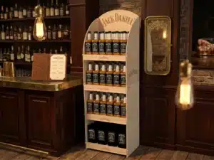 Wizualizacja 3D drewnianego standu ekspozycyjnego Jack Daniel’s na butelki whiskey, ustawionego w klimatycznej przestrzeni barowej