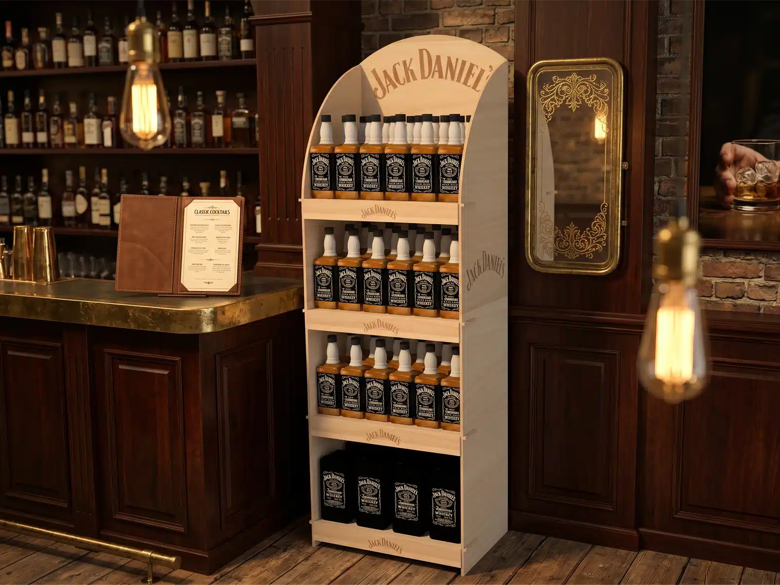 Wizualizacja 3D drewnianego standu ekspozycyjnego Jack Daniel’s na butelki whiskey, ustawionego w klimatycznej przestrzeni barowej