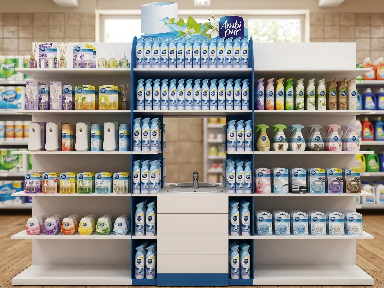 Wizualizacja 3D standu sklepowego Ambi Pur z ekspozycją odświeżaczy powietrza, regałami produktowymi, lustrem i szafką w przestrzeni handlowej