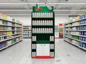 Wizualizacja 3D standu sklepowego Fairy z ekspozycją płynów do naczyń, brandingiem marki i modułem z szafką w przestrzeni handlowej