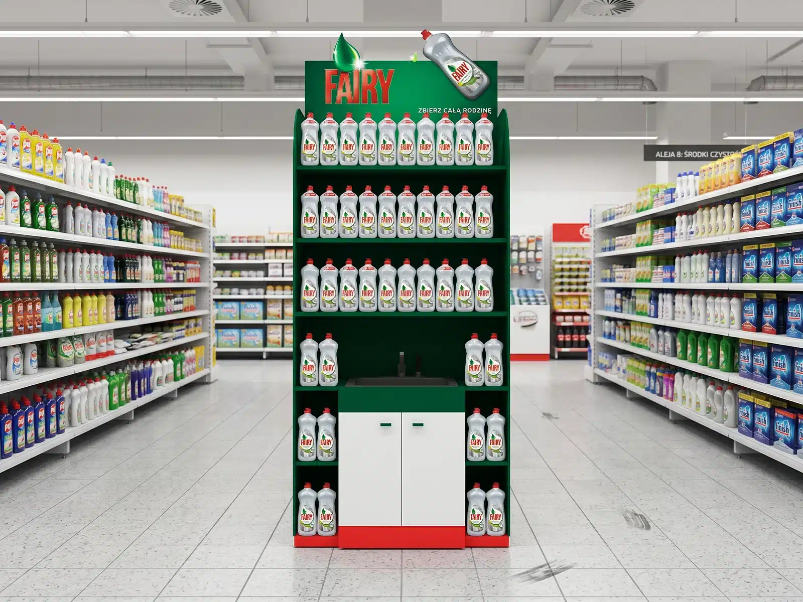 Wizualizacja 3D standu sklepowego Fairy z ekspozycją płynów do naczyń, brandingiem marki i modułem z szafką w przestrzeni handlowej