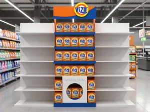 Wizualizacja 3D standu sklepowego Vizir z ekspozycją proszków do prania, brandingiem marki i modułem w formie pralki w przestrzeni handlowej