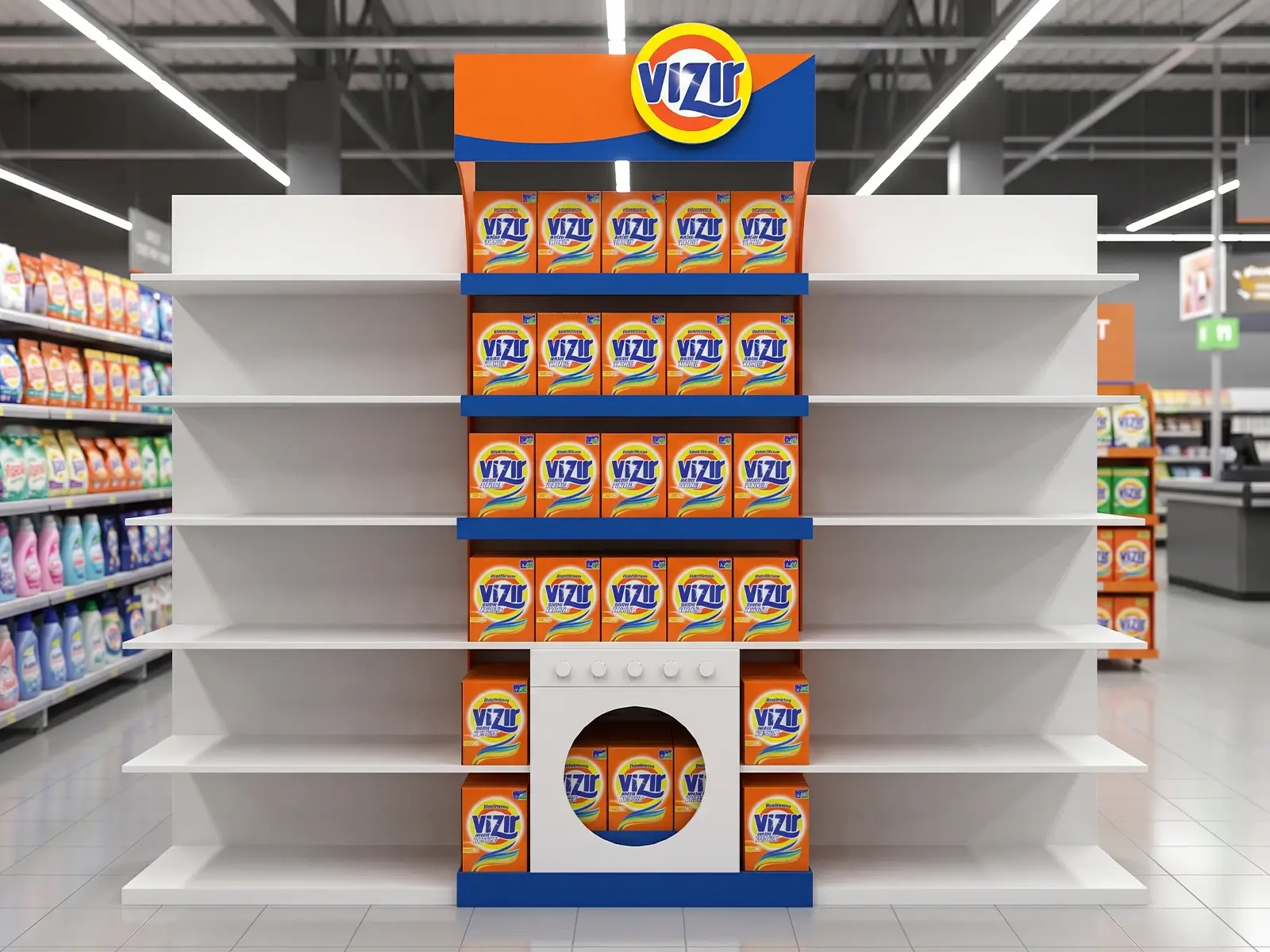 Wizualizacja 3D standu sklepowego Vizir z ekspozycją proszków do prania, brandingiem marki i modułem w formie pralki w przestrzeni handlowej