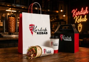 Logo Kurdish Kebab zaprezentowane na opakowaniach lokalu gastronomicznego w Dobrym Mieście.