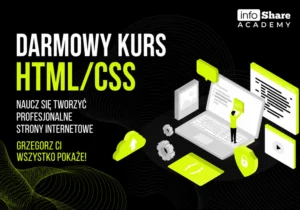 Okładka animacji infoShare Academy promującej darmowy kurs HTML i CSS do nauki tworzenia stron internetowych.