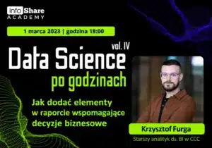 Okładka animacji infoShare Academy promującej wydarzenie „Data Science po godzinach” o raportach wspierających decyzje biznesowe.