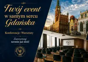 Okładka animacji promującej konferencje i warsztaty w Marina Club Hotel w Gdańsku, ze zdjęciem miasta i sali konferencyjnej.