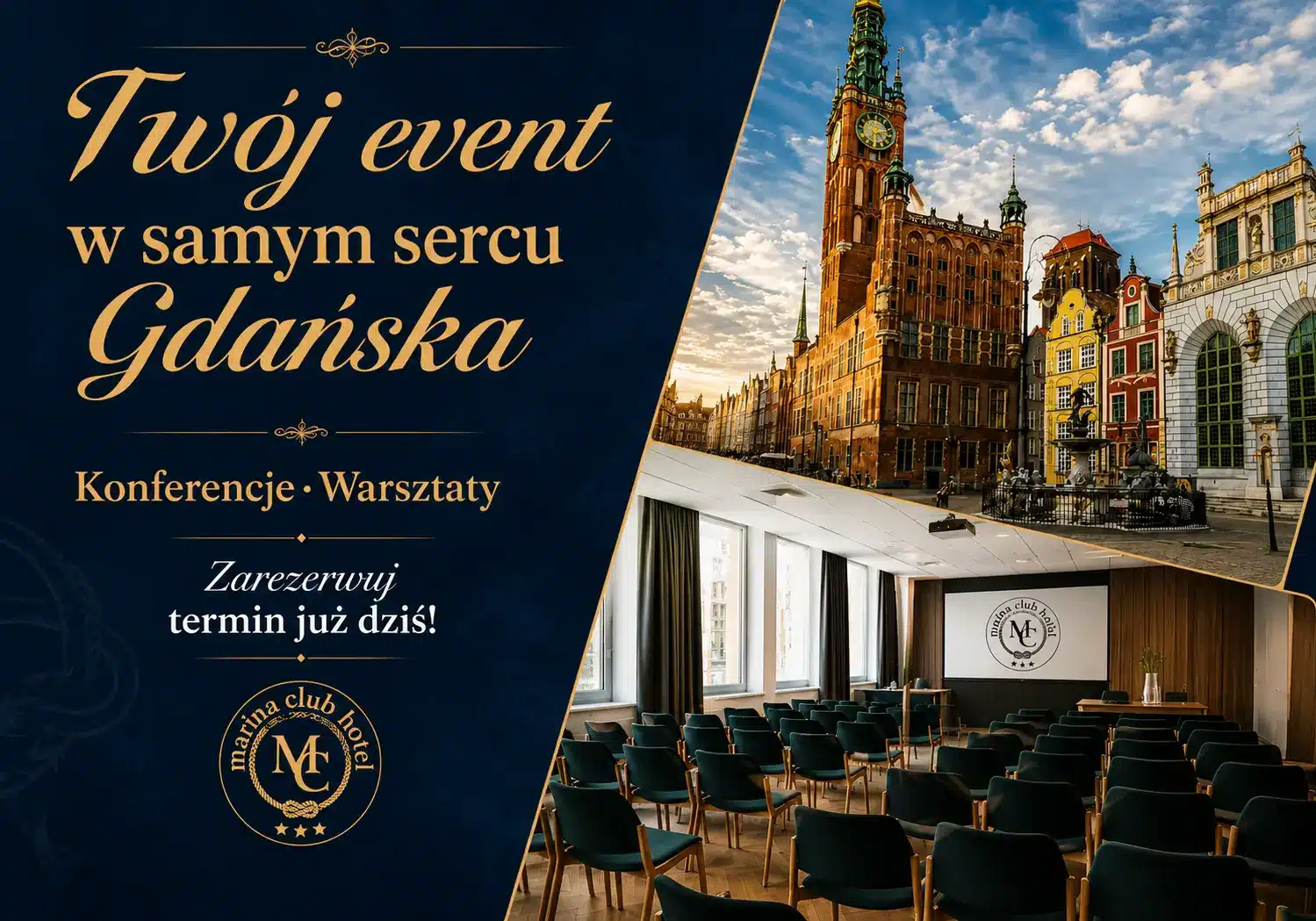 Okładka animacji promującej konferencje i warsztaty w Marina Club Hotel w Gdańsku, ze zdjęciem miasta i sali konferencyjnej.