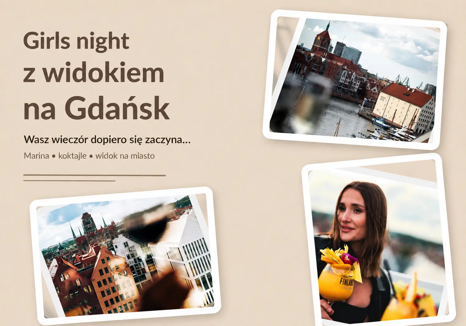 Okładka animacji „Girls night z widokiem na Gdańsk” ze zdjęciami miasta i koktajlu.