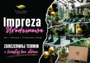 Okładka animacji promującej organizację imprez urodzinowych w 4 Pory Roku Resort – Sauna & Spa, ze zdjęciami udekorowanej sali.