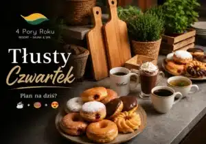Okładka animacji na Tłusty Czwartek dla 4 Pory Roku Resort – Sauna & Spa z pączkami i kawą.
