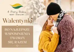 Okładka animacji walentynkowej dla 4 Pory Roku Resort – Sauna & Spa z zakochaną parą w zimowej scenerii.