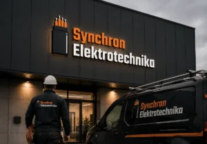 Logo Synchron Elektrotechnika zaprezentowane na elewacji firmy, odzieży pracownika i samochodzie serwisowym.