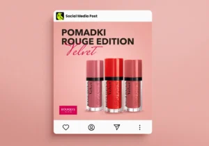 Projekt posta social media dla Bourjois Paris prezentującego pomadki Rouge Edition Velvet w różowych i czerwonych odcieniach.
