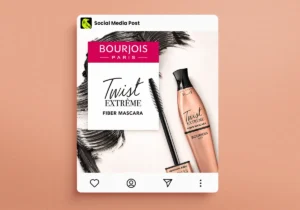 Projekt posta social media dla Bourjois Paris prezentującego tusz do rzęs Twist Extrême Fiber Mascara i szczoteczkę produktu.