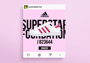 Projekt posta social media dla Eastend prezentującego białe buty adidas Superstar Foundation z różowymi detalami.