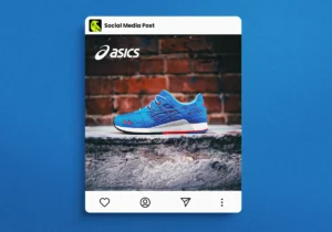 Projekt posta social media dla Eastend prezentującego niebieskie sneakersy ASICS GEL-LYTE III z czerwonymi detalami.