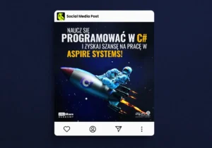 Projekt posta social media dla infoShare Academy i Aspire Systems promującego naukę C#, z astronautą lecącym na rakiecie.