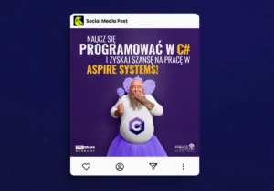 Projekt posta social media dla infoShare Academy i Aspire Systems promującego naukę programowania w C# i szansę na pracę.