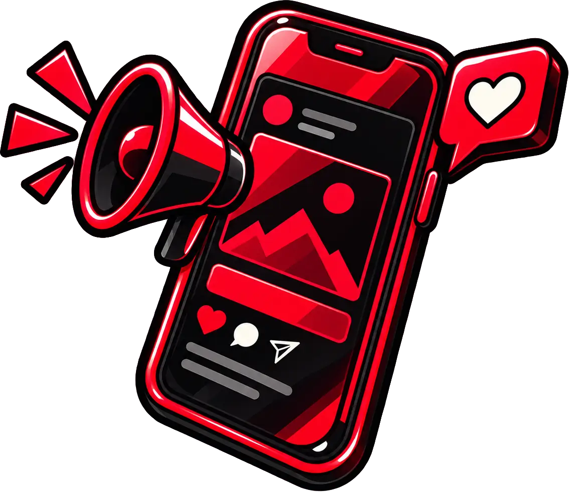 Ikona social media przedstawiająca smartfon z postem, megafonem oraz symbolem reakcji