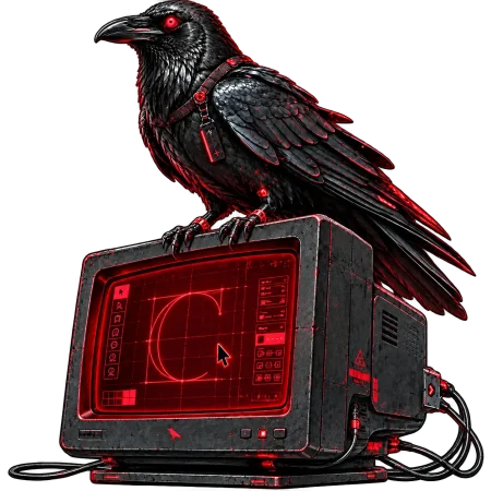 Stylizowana czarna wrona siedząca na monitorze z interfejsem projektowania graficznego – Chmielewska Studio