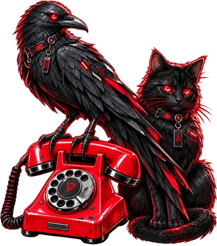 Grafika sekcji kontaktowej Chmielewska Studio przedstawiająca czarną wronę i kota przy czerwonym telefonie retro