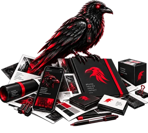 Grafika portfolio przedstawiająca wronę oraz zestaw materiałów identyfikacji wizualnej w czerwono-czarnej stylistyce Chmielewska Studio